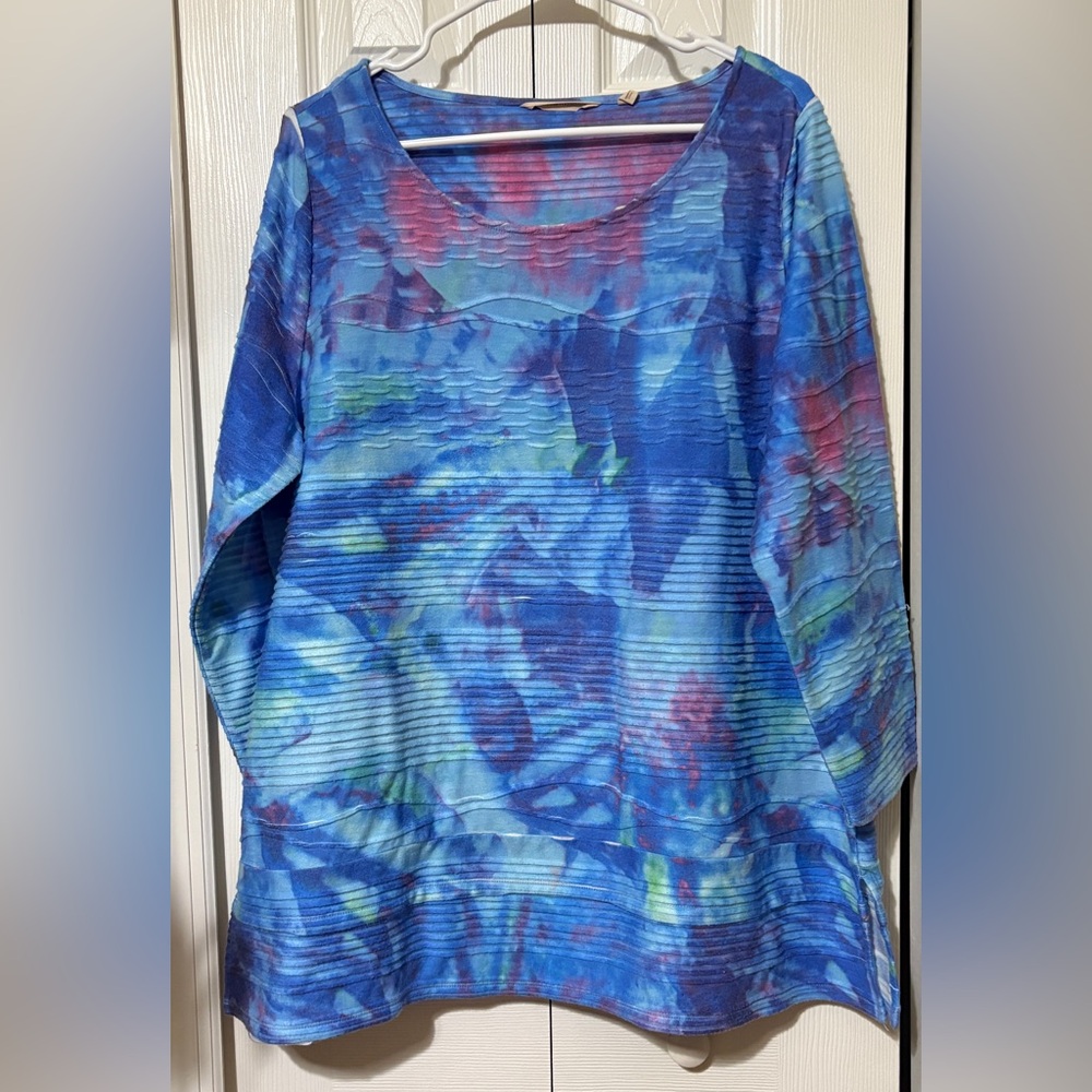 Soft Surroundings Watercolor Monet Textured Ribbed Blue Top Tunic Womens Size 1X